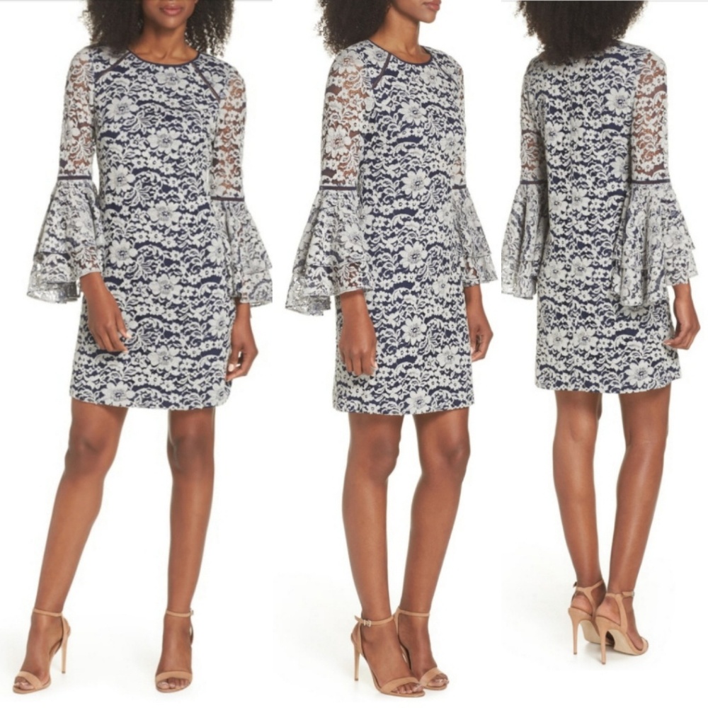 🆕️⬇️Chelsea28 LAYLA Blue & White Lace Bell Sleeve Shift Dress